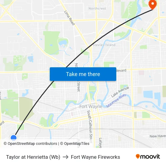 Taylor at Henrietta (Wb) to Fort Wayne Fireworks map