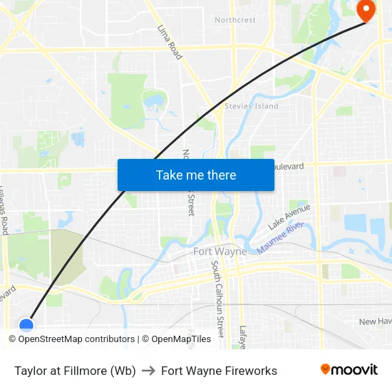 Taylor at Fillmore (Wb) to Fort Wayne Fireworks map