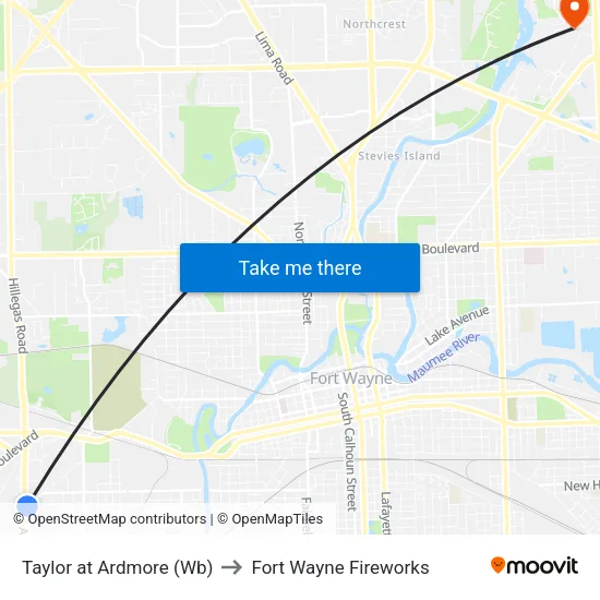 Taylor at Ardmore (Wb) to Fort Wayne Fireworks map