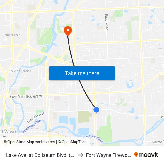 Lake Ave. at Coliseum Blvd. (Wb) to Fort Wayne Fireworks map