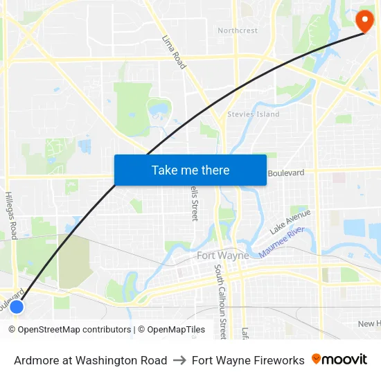 Ardmore at Washington Road to Fort Wayne Fireworks map