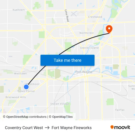 Coventry Court West to Fort Wayne Fireworks map