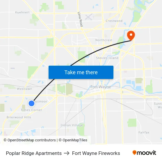 Poplar Ridge Apartments to Fort Wayne Fireworks map