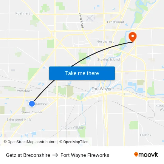 Getz at Breconshire to Fort Wayne Fireworks map