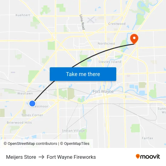 Meijer Store to Fort Wayne Fireworks map