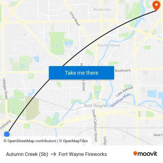 Autumn Creek (Sb) to Fort Wayne Fireworks map
