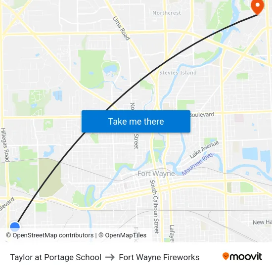 Taylor at Portage School to Fort Wayne Fireworks map