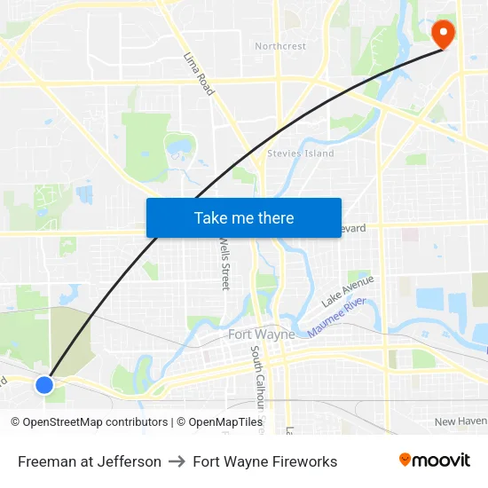 Freeman at Jefferson to Fort Wayne Fireworks map