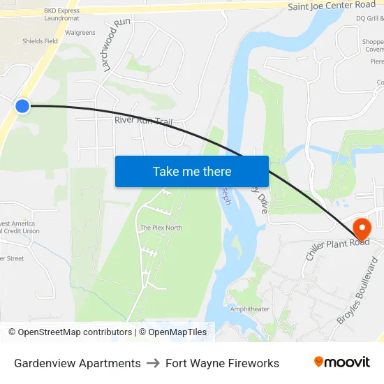Gardenview Apartments to Fort Wayne Fireworks map