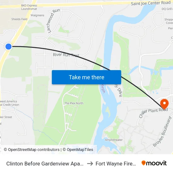 Clinton Before Gardenview Apartments to Fort Wayne Fireworks map