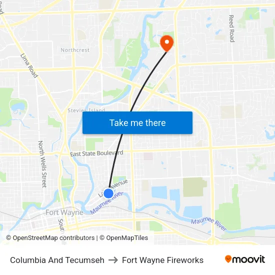 Columbia And Tecumseh to Fort Wayne Fireworks map