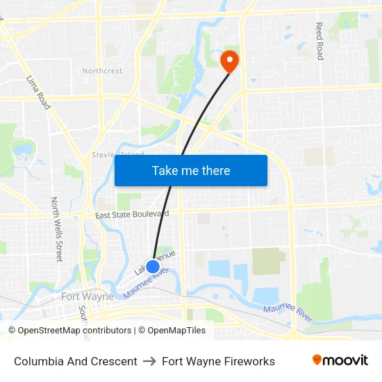 Columbia And Crescent to Fort Wayne Fireworks map