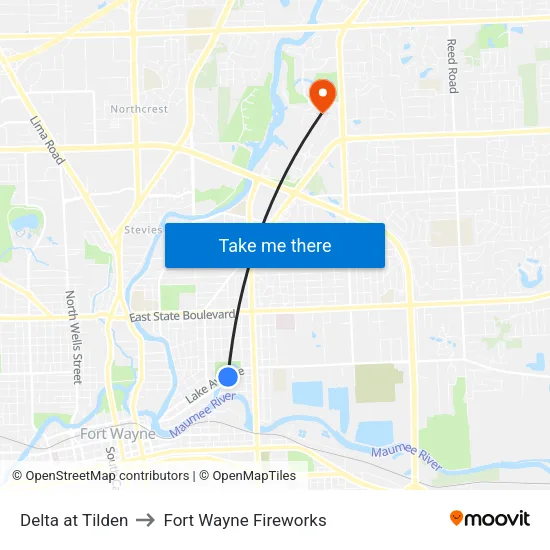 Delta at Tilden to Fort Wayne Fireworks map