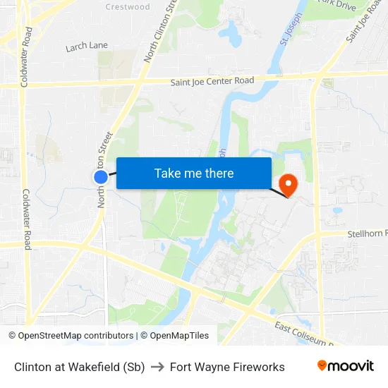 Clinton at Wakefield (Sb) to Fort Wayne Fireworks map