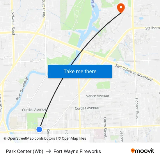 Park Center (Wb) to Fort Wayne Fireworks map