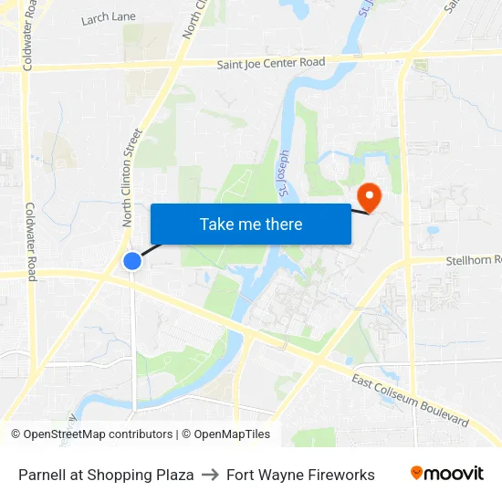 Parnell at Shopping Plaza to Fort Wayne Fireworks map