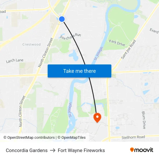 Concordia Gardens to Fort Wayne Fireworks map