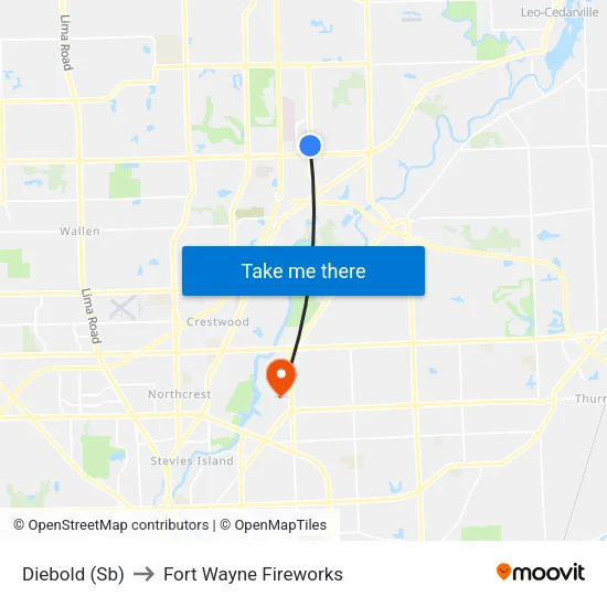 Diebold (Sb) to Fort Wayne Fireworks map