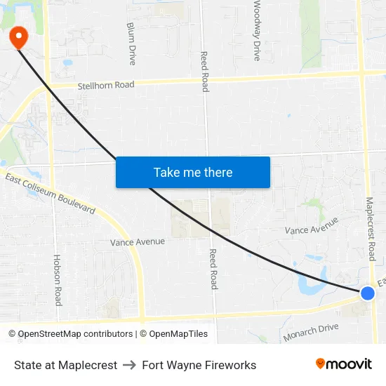 State at Maplecrest to Fort Wayne Fireworks map