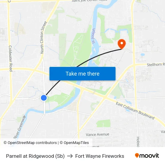 Parnell at Ridgewood (Sb) to Fort Wayne Fireworks map