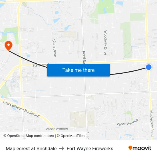 Maplecrest at Birchdale to Fort Wayne Fireworks map