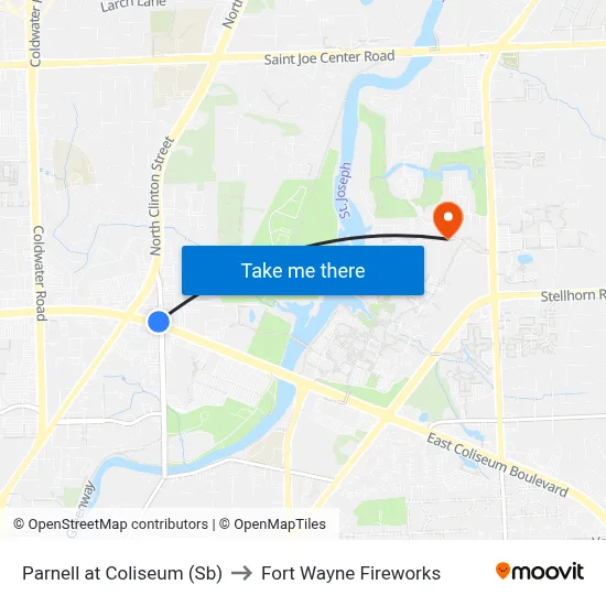 Parnell at Coliseum (Sb) to Fort Wayne Fireworks map