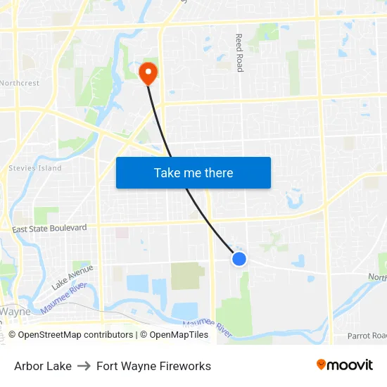 Arbor Lake to Fort Wayne Fireworks map