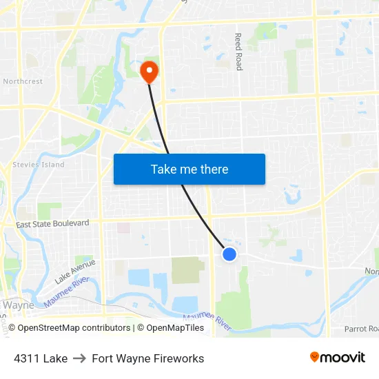 4311 Lake to Fort Wayne Fireworks map