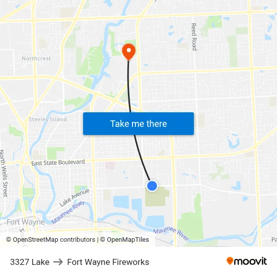 3327 Lake to Fort Wayne Fireworks map