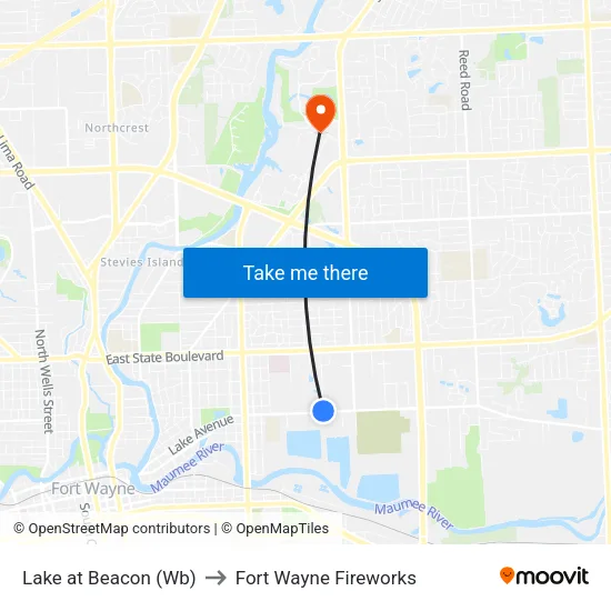 Lake at Beacon (Wb) to Fort Wayne Fireworks map