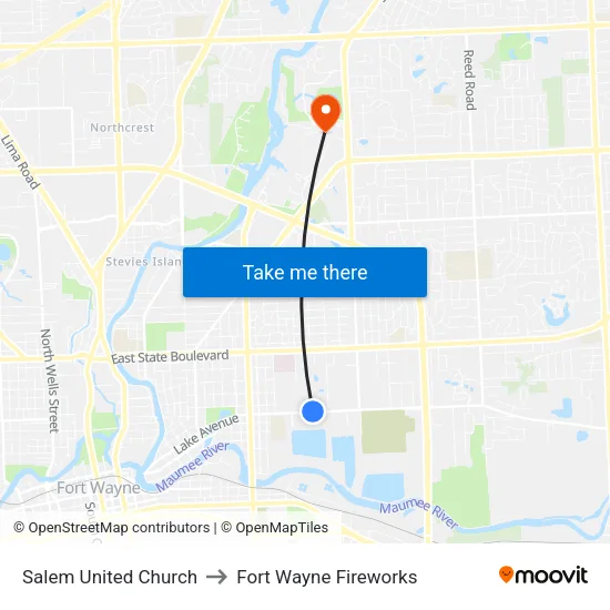 Salem United Church to Fort Wayne Fireworks map