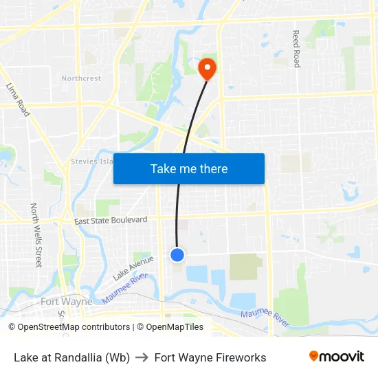 Lake at Randallia (Wb) to Fort Wayne Fireworks map