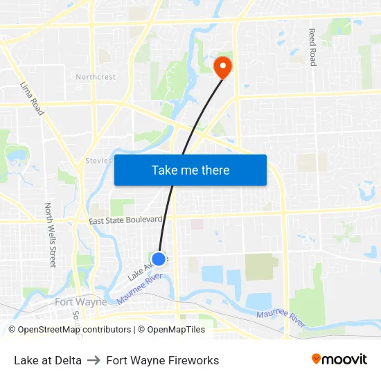 Lake at Delta to Fort Wayne Fireworks map