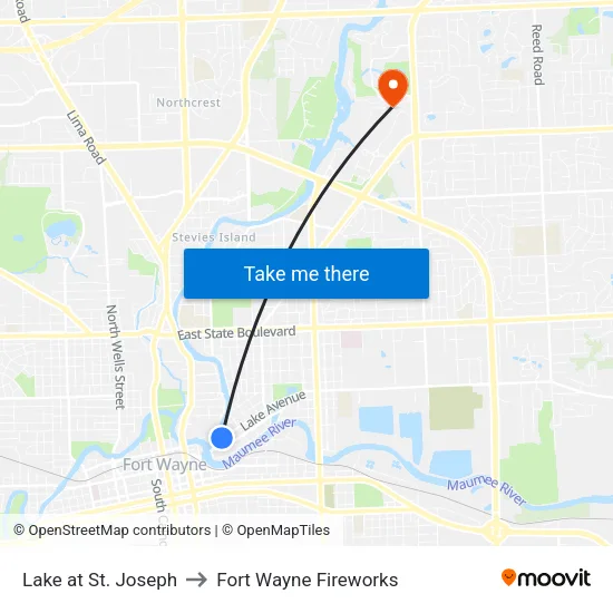 Lake at St. Joseph to Fort Wayne Fireworks map