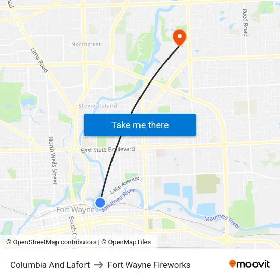 Columbia And Lafort to Fort Wayne Fireworks map