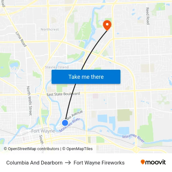 Columbia And Dearborn to Fort Wayne Fireworks map