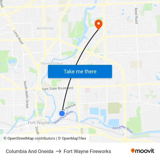 Columbia And Oneida to Fort Wayne Fireworks map