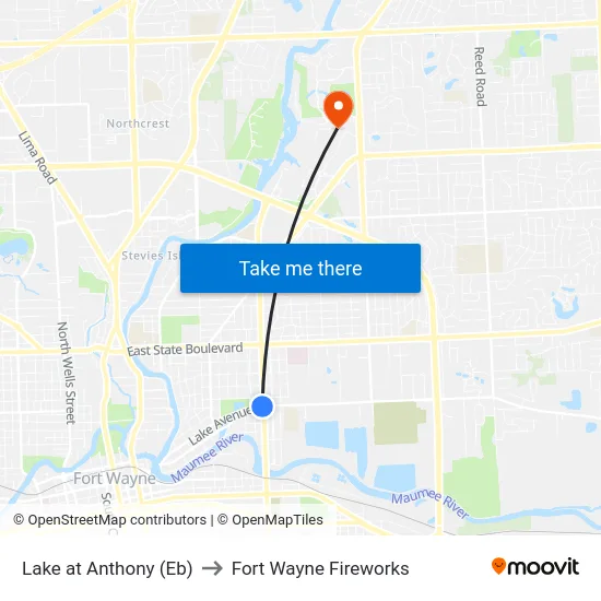 Lake at Anthony (Eb) to Fort Wayne Fireworks map