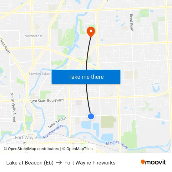 Lake at Beacon (Eb) to Fort Wayne Fireworks map