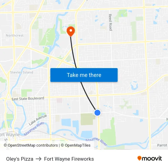 Oley's Pizza to Fort Wayne Fireworks map