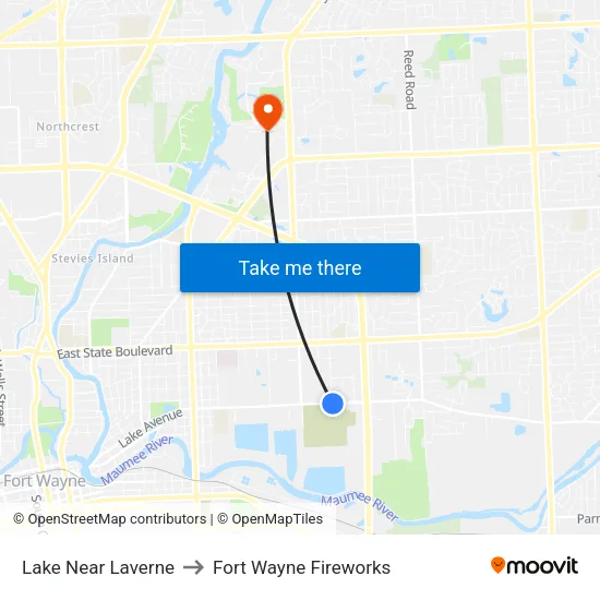 Lake Near Laverne to Fort Wayne Fireworks map