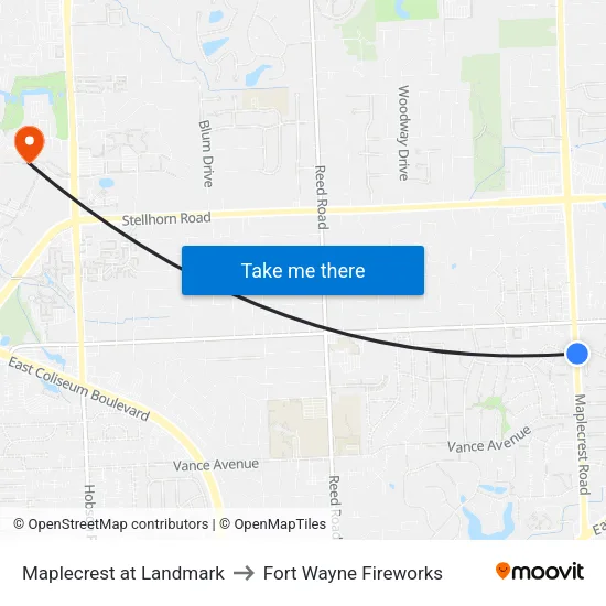 Maplecrest at Landmark to Fort Wayne Fireworks map
