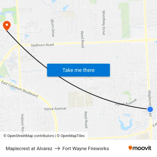 Maplecrest at Alvarez to Fort Wayne Fireworks map