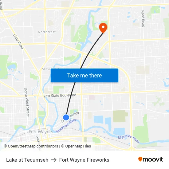 Lake at Tecumseh to Fort Wayne Fireworks map