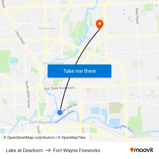 Lake at Dearborn to Fort Wayne Fireworks map