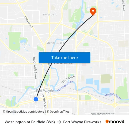 Washington at Fairfield (Wb) to Fort Wayne Fireworks map