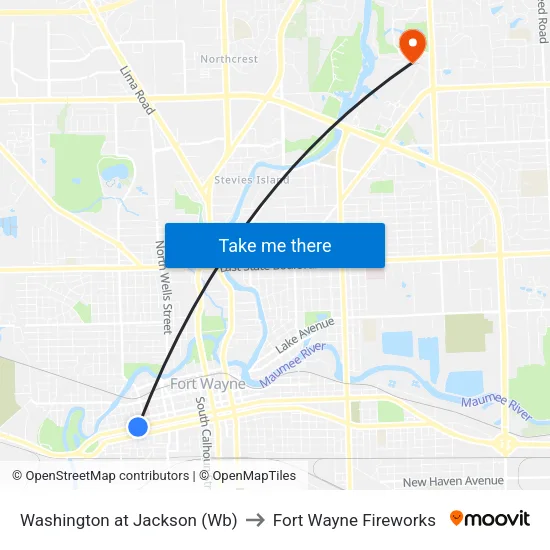 Washington at Jackson (Wb) to Fort Wayne Fireworks map