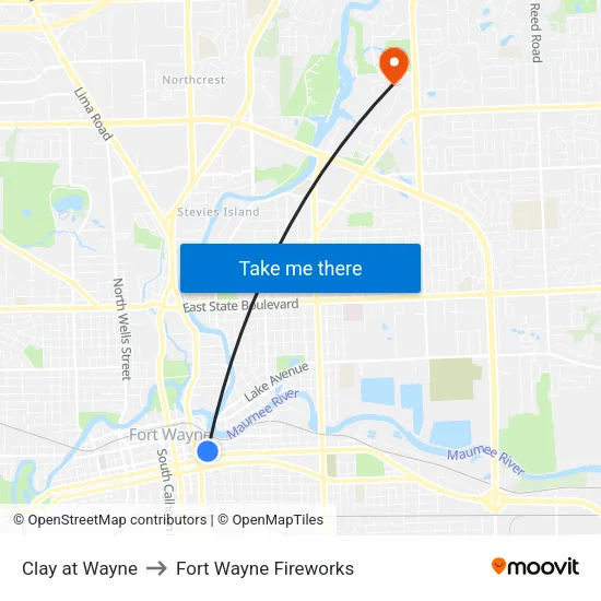 Clay at Wayne to Fort Wayne Fireworks map