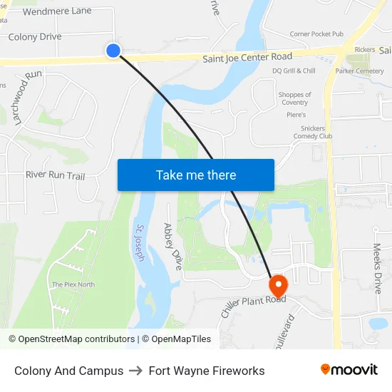 Colony And Campus to Fort Wayne Fireworks map