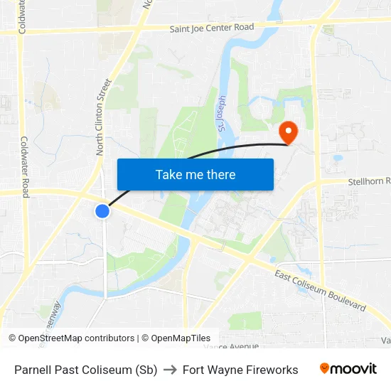 Parnell Past Coliseum (Sb) to Fort Wayne Fireworks map